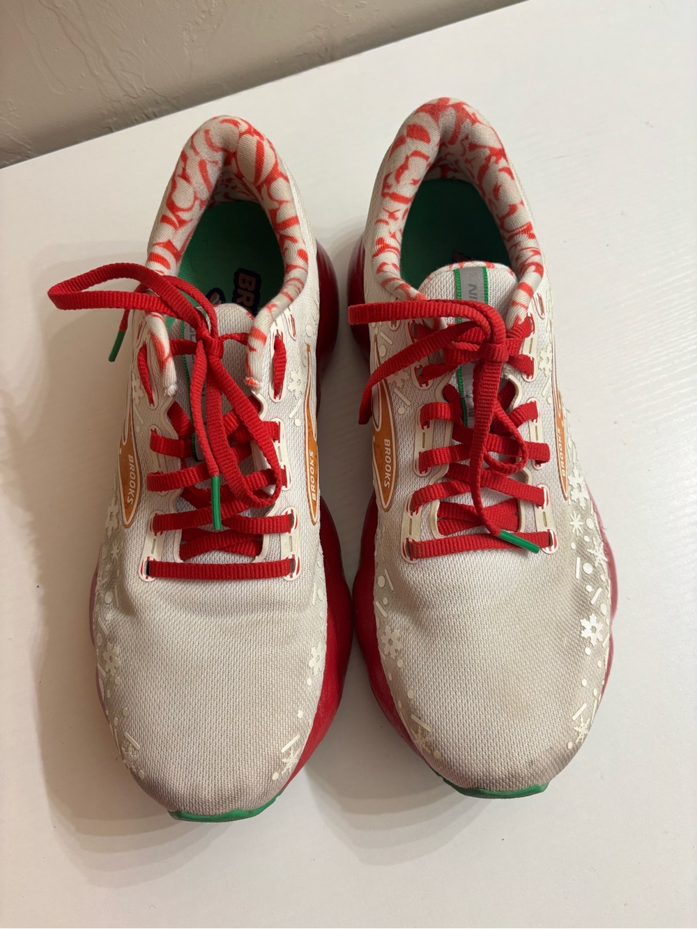 Brooks White and Red Women's Athletic Sneakers with Green Accents